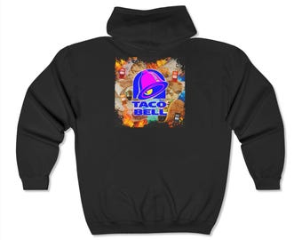 Taco Bell Retro Bootleg Design Full Zip Black Hoodie- Soft, Durable, Nostalgic Style- Unique and Cozy Gift for Fast Food Lovers