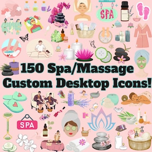 May include: A collection of 150 spa and massage themed desktop icons. The icons are colorful and feature images of candles, flowers, towels, lotions, and other spa-related items. The text "150 Spa/Massage Custom Desktop Icons!" is displayed in the center of the image.