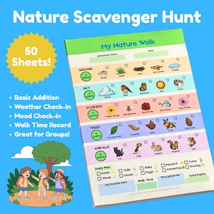 May include: A nature scavenger hunt notepad with a blue background. The notepad includes sections for ground, sky, flowers, trees, and animals. The notepad also has a section for weather, mood, and walk time. The notepad has 50 sheets.
