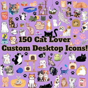May include: A collection of 150 colorful cat-themed icons, perfect for customizing your desktop. The icons feature various cat breeds, poses, and activities, including sleeping, playing, and eating.  The icons are arranged in a grid pattern on a purple background.