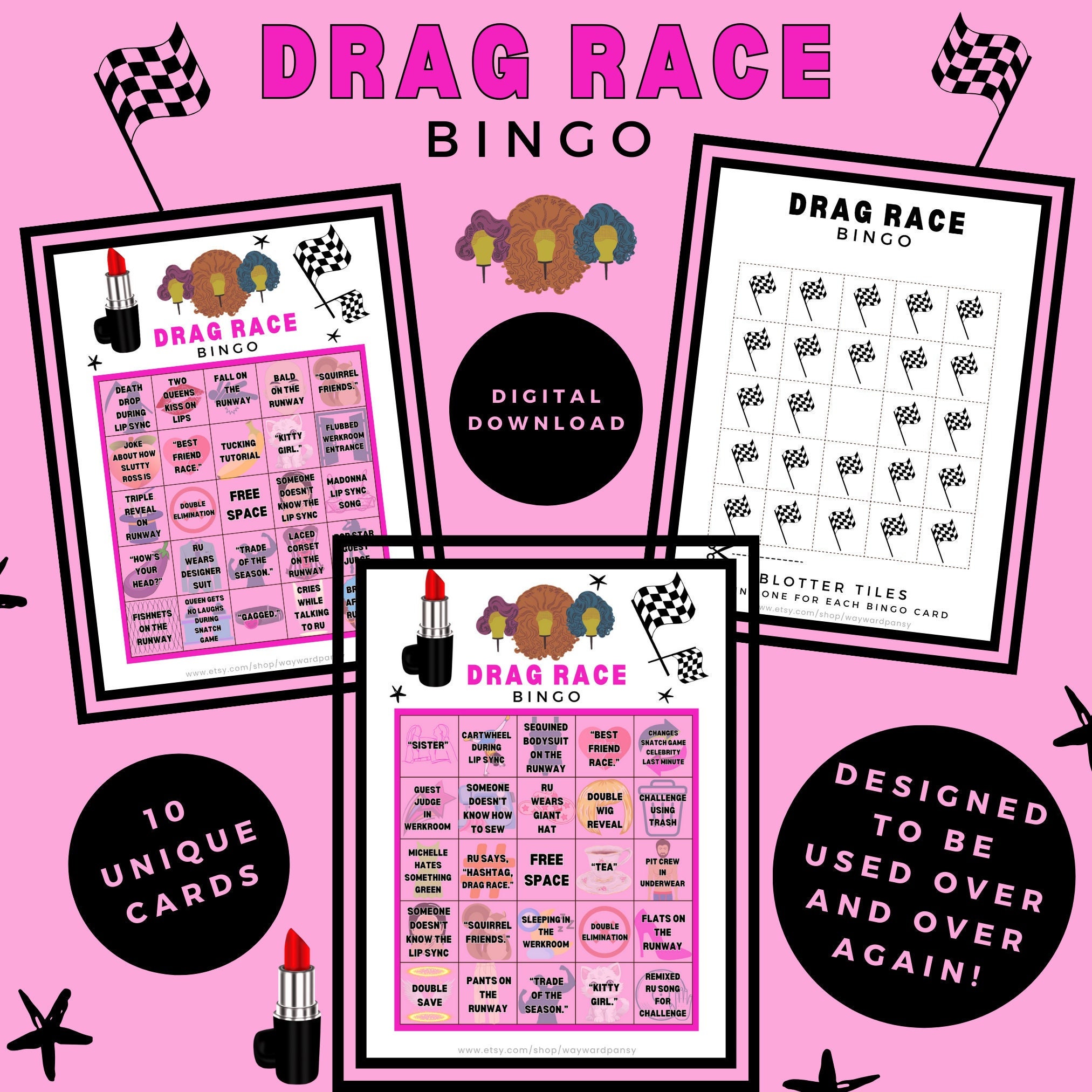 Drag Race Watch Party Bingo Cards! Instant Download, 10 Unique Printable Cards that Last All Season Long for Competitive Fans of Drag