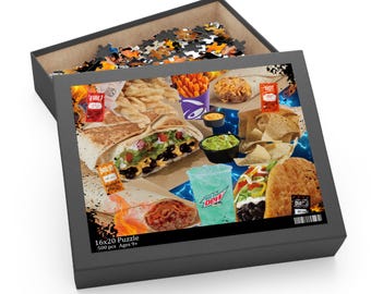 Rompecabezas inspirado en Taco Bell: diseño desgastado de relámpagos y llamas estilo pirata retro, 120, 252 o 500 piezas, regalo divertido para fanáticos de la comida rápida