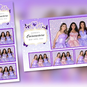 Quinceañera Photo Booth Template Purple Butterfly  PSD, PNG, Easy 100% Editable Files 2X6 Free 4X6