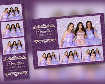 Quinceañera Photo Booth Template Purple Gold  PSD, PNG, Easy 100% Editable Files 2X6 Free 4X6