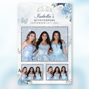 Quinceanera Blue and Silver Photo Booth Template  PSD, PNG,JPG Easy 100% Editable Files 6X4 Salsa Booth 3 Panel