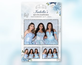 Quinceanera Blue and Silver Photo Booth Template  PSD, PNG,JPG Easy 100% Editable Files 6X4 Salsa Booth 3 Panel