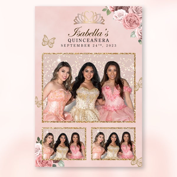 Quinceanera Champagne and Gold  Photo Booth Template  PSD, PNG, JPG Easy 100% Editable Files 6X4 Salsa Booth 3 Panel
