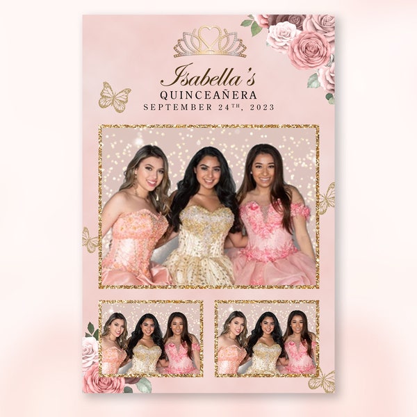 Quinceanera champagne en goud Photo Booth-sjabloon PSD, PNG, JPG gemakkelijk 100% bewerkbare bestanden 6 x 4 Salsa Booth 3 paneel