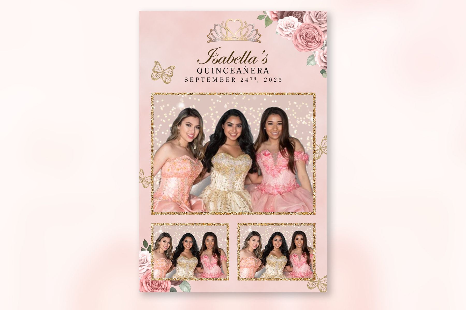 Quinceanera Champagne and Gold  Photo Booth Template  PSD, PNG, JPG Easy 100% Editable Files 6X4 Salsa Booth 3 Panel