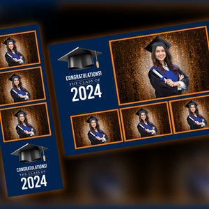 Könnte beinhalten: Ein blauer und orangefarbener Fotobooth-Hintergrund mit einer Abschluss-Kappe und dem Text "Herzlichen Glückwunsch! Die Klasse von 2024". Der Hintergrund hat einen goldenen Glitzer-Hintergrund und ist für Abschlussfotos konzipiert.