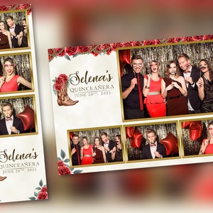 Quinceaño Photobooth Vorlage Charro Rote Rosen PSD, PNG, einfach 100% bearbeitbare Dateien 2X6 kostenlos 4X6