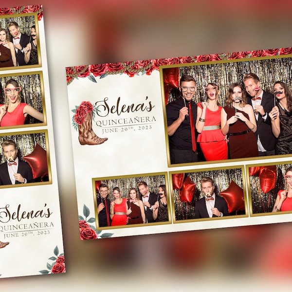 Quinceañera Photo Booth Template Charro Red Roses  PSD, PNG, Easy 100% Editable Files 2X6 Free 4X6