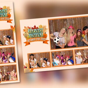 May include: A photo booth backdrop with a harvest festival theme. The backdrop is decorated with fall leaves, wheat stalks, and pumpkins. The text "Harvest Festival" and "October 31st, 2023" is displayed on the backdrop.
