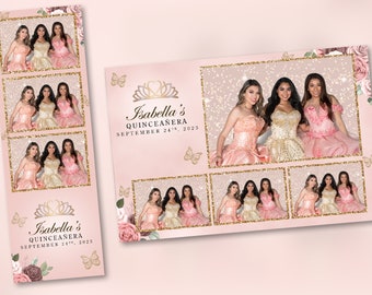 Quinceañera Photo Booth Template Butterfly Champagne and Gold PSD, PNG, Easy 100% Editable Files 2X6 Free 4X6 3 Windows