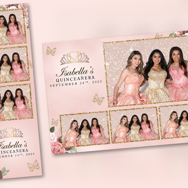 Quinceañera Photo Booth Template Butterfly Champagne and Gold PSD, PNG, Easy 100% Editable Files 2X6 Free 4X6 3 Windows