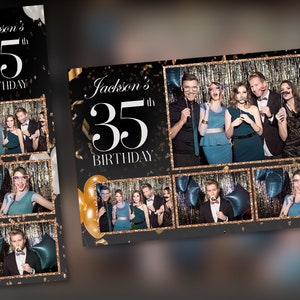 Modelo de cabine de fotos de aniversário em PSD e PNG, arquivos 100% editáveis e fáceis de usar. Disponível nos tamanhos 2x6 e 4x6 (preto e dourado).