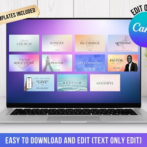 May include: A laptop displays 12 templates for church services, including "Welcome to Church," "Sunday," and "Bible Study." The screen also shows the text "Edit on Canva" and "Easy to Download and Edit (Text Only Edit)." A pen and plant are on the desk.