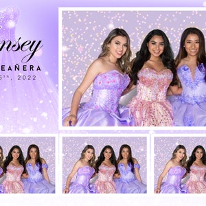 May include: Three young women in formal dresses pose for a photo booth. The women are wearing lavender, pink, and blue dresses with sequins and lace. The background is a purple and white sparkly backdrop. The text "Lindsey Quincea&ntilde;era April 25th, 2022" is at the top of the image.
