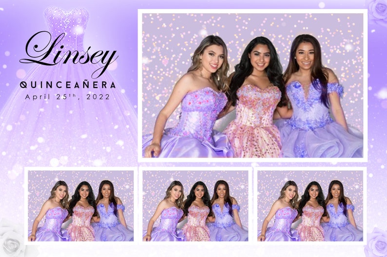 May include: Three young women in formal dresses pose for a photo booth. The women are wearing lavender, pink, and blue dresses with sequins and lace. The background is a purple and white sparkly backdrop. The text "Lindsey Quincea&ntilde;era April 25th, 2022" is at the top of the image.