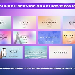 May include: A collection of 11 church service graphics with various themes. Each graphic features text such as "Welcome to Church", "Sunday Service", and "Bible Study". The graphics have a gradient background and are designed for church presentations.