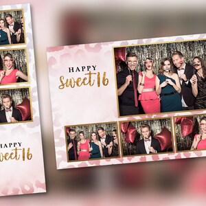 Può includere: Uno sfondo per cabina fotografica con un design a stampa leopardata rosa e bianca. Lo sfondo ha un bordo dorato e il testo "Happy Sweet 16" in lettere dorate. Ci sono sei strisce di foto con immagini di persone che festeggiano un compleanno di 16 anni.