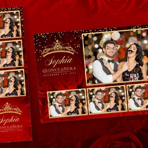 Quinceaño Photobooth Vorlage Rot und Gold PSD, PNG, einfach 100% bearbeitbare Dateien 2X6 kostenlos 4X6