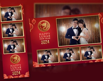 Chinese New Year Photo Booth Template Red and Gold | PSD, PNG, Easy 100% Editable Files 2X6 Free 4X6 Lunar New Years Dragon