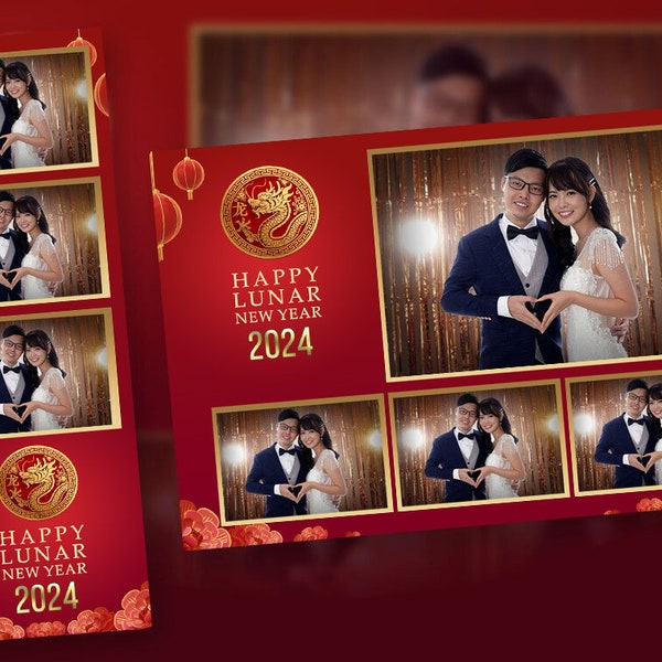 Chinese New Year Photo Booth Template Red and Gold | PSD, PNG, Easy 100% Editable Files 2X6 Free 4X6 Lunar New Years Dragon