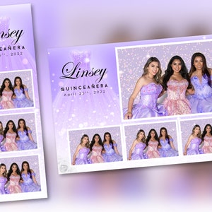 May include: A photo booth backdrop with a purple and white dress design and the text "Linsey Quincea&ntilde;era April 25th, 2022". The backdrop has a sparkly background and features multiple photos of three girls in dresses.