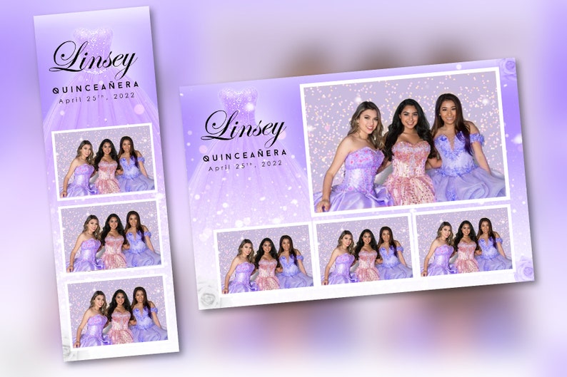 May include: A photo booth backdrop with a purple and white dress design and the text "Linsey Quincea&ntilde;era April 25th, 2022". The backdrop has a sparkly background and features multiple photos of three girls in dresses.