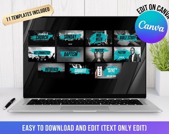 May include: A laptop displays 11 church-themed Canva templates. Each template features a black and white background with teal accents and text such as "Church", "Sunday", "Mid-Week", "Bible Study", "Prayer", "Get Connected", "Baptism", "Pastor", "Outreach", "Goodbye", and "Give". The laptop is on a white desk.