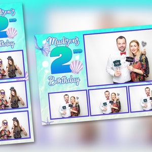 May include: A photo booth backdrop with a blue and green number 2, the words "Madison's 2nd Birthday", and a seashell design. There are six photo strips with a couple posing in each strip.
