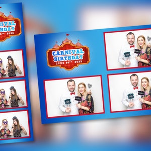 May include: Photo booth printouts with a carnival birthday theme. The prints feature photos of people posing with props. The top of the print has the text "CARNIVAL BIRTHDAY JUNE 20th 2023" in a red and gold design.