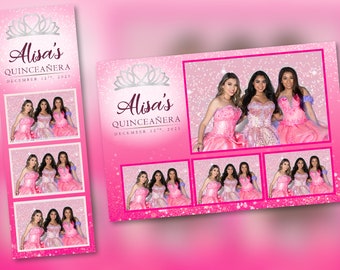Modelo de cabine de fotos para festa de debutante rosa em PSD e PNG, arquivos 100% editáveis e fáceis de usar, tamanhos 2x6 e 4x6 gratuitos.