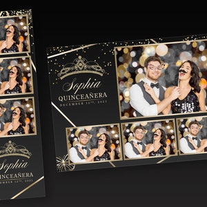 Quinceañora Photo Booth Vorlage Gold und Schwarz PSD, PNG, einfach 100% bearbeitbare Dateien 2X6 Free 4X6