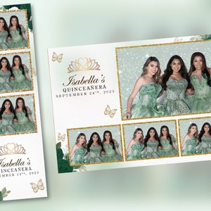 Quinceañera Photo Booth Template Butterfly Green and Gold PSD, PNG, Easy 100% Editable Files 2X6 Free 4X6 3 Windows