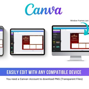 May include: A digital design displayed on a smartphone, tablet, and computer screen. The design features a quincea&ntilde;era theme with a red and gold color scheme. The Canva logo is at the top, and the text "EASILY EDIT WITH ANY COMPATIBLE DEVICE" is at the bottom.