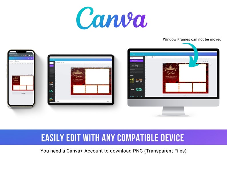 May include: A digital design displayed on a smartphone, tablet, and computer screen. The design features a quincea&ntilde;era theme with a red and gold color scheme. The Canva logo is at the top, and the text "EASILY EDIT WITH ANY COMPATIBLE DEVICE" is at the bottom.