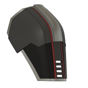 以下が含まれることがあります： 赤色のアクセントが付いた黒と灰色のロボットアームの3Dプリントモデル。アームは肘で曲がっていて、側面に小さな穴がいくつか開いています。