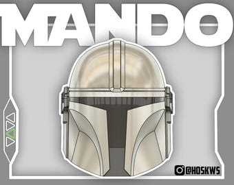 May include: A digitally rendered illustration of a Mandalorian helmet. The helmet is silver with a detailed design, set against a gray background. The word "MANDO" is displayed in large white letters above the helmet. The Instagram handle @HOSKWS is visible.