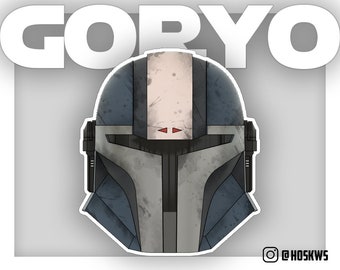 May include: A blue and gray helmet with a white stripe down the center and red markings on the visor. The helmet has a weathered, distressed look.
