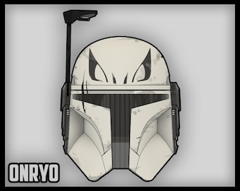 May include: A white helmet with black markings and a weathered appearance. The helmet has a black visor and a black antenna on top. The text "ONRYO" is visible at the bottom of the image.