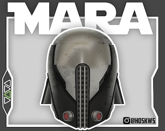Könnte beinhalten: Digitale Illustration eines futuristischen Helms mit dem Namen "MARA" in großen weißen Buchstaben darüber. Der Helm ist hauptsächlich silber und schwarz, mit roten kreisförmigen Akzenten und einer vertikalen Lüftung. Der Instagram-Handle des Künstlers ist sichtbar.