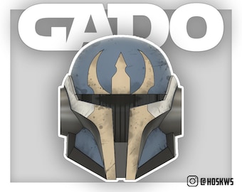 May include: A blue and white helmet with a stylized crest on the front. The helmet has a weathered, worn look, with brown and gray accents.