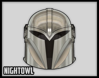 May include: A silver helmet with a black visor and a white stripe down the center. The helmet has a textured surface and a design that resembles a Mandalorian helmet.