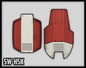 May include: Two red and white spaceship hull panels with a worn, distressed look. The panels have a rectangular shape with a rounded edge and a small, rectangular window. The text "SW-HSK" is printed below the panels.
