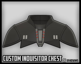 May include: Black and gray custom inquisitor chest piece with red accents. The chest piece has two rectangular panels on each side and a central panel with a series of red lines.