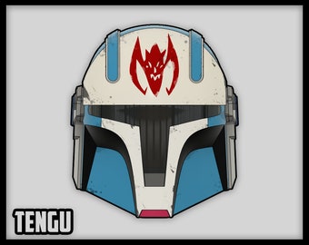 May include: A blue and white helmet with a red and white symbol on the front. The symbol is a stylized creature with sharp teeth and claws. The helmet has a weathered look, with scratches and scuffs on the surface. The text "TENGU" is printed below the helmet.