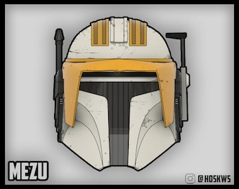 May include: A white and orange Star Wars Mandalorian helmet with a black visor and a black antenna on top. The helmet has a weathered look with white and gray paint splatters. The text "MEZU" is at the bottom left of the image.