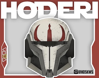 May include: Illustration of a helmet with the word "HODER" above it. The helmet is primarily white with red and gray accents. The design includes a central red shape and two curved red shapes. The background is red and gray.